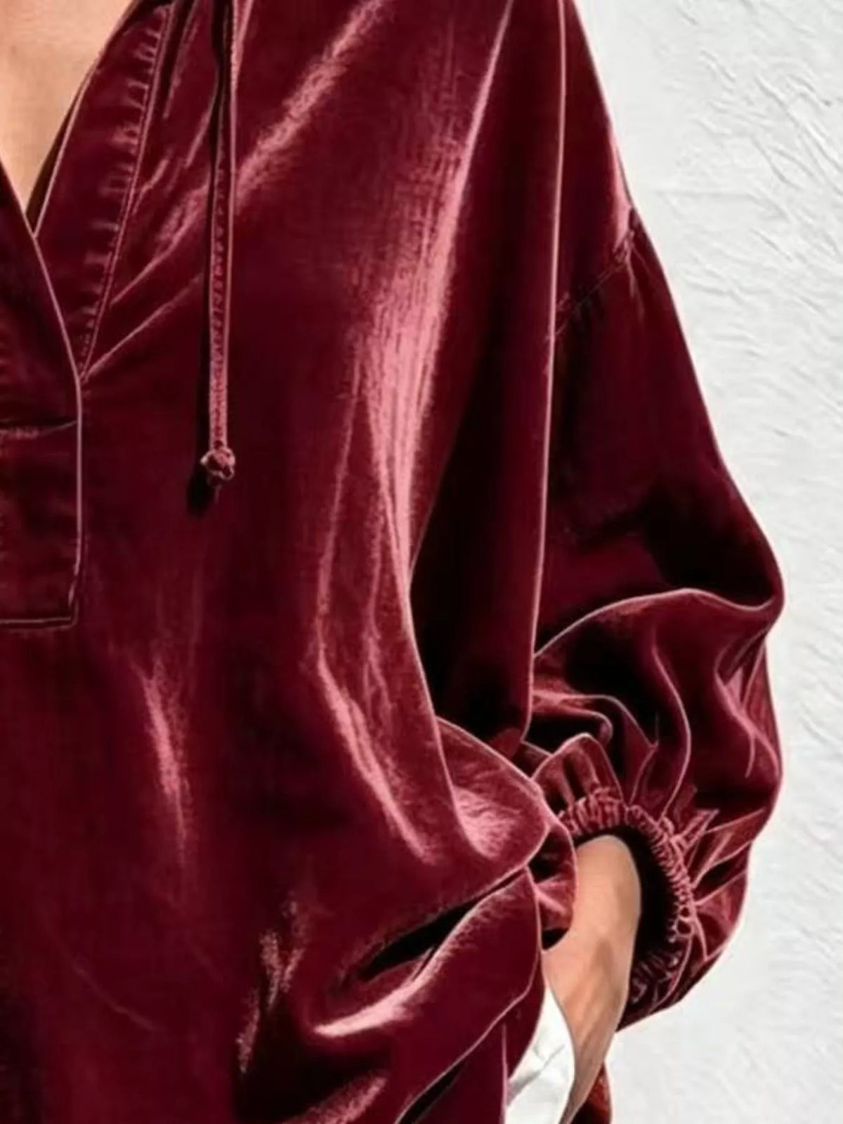 Full Size Oversized Velvet Collared Neck Drawstring Blouse Plus Size