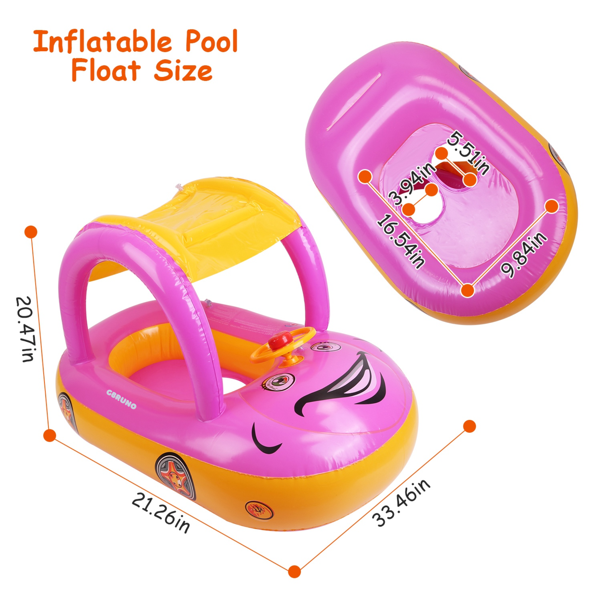 Baby Inflatable Pool Float Car Shaped Toddler Swimming Float Boat Pool Toy Infant Swim Ring Pool with Sun Protection Canopy for 1-3 Year-Old Kids Infa