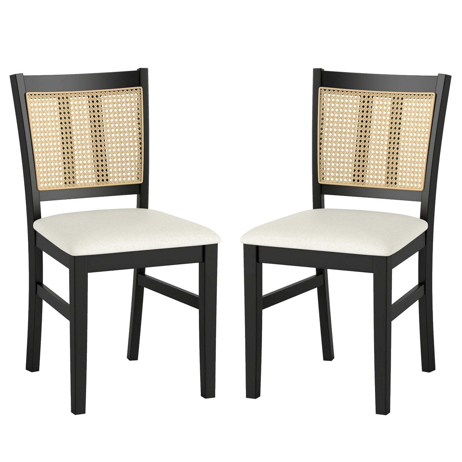 Farmhouse Rattan Dining Chair Set of 2 with Rubber Wood Legs and Cane Back-Beige