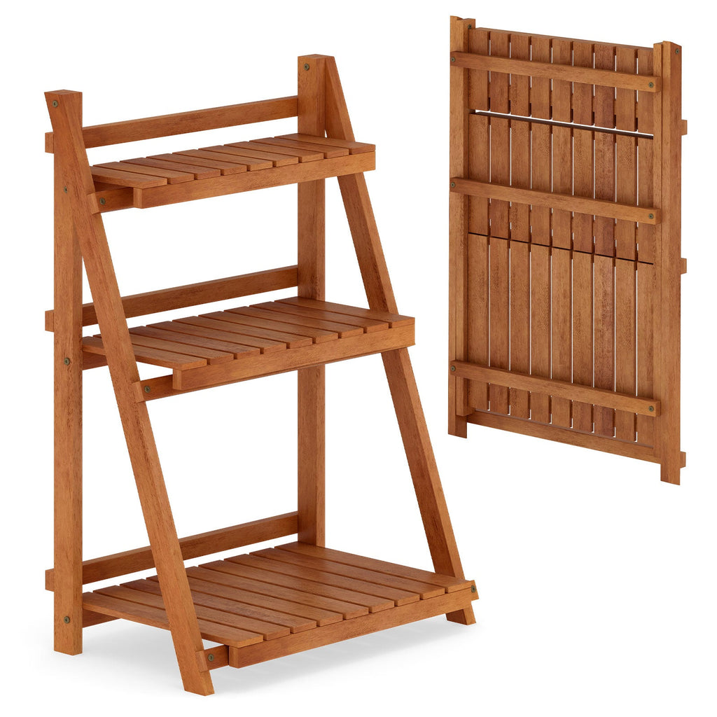 Foldable 3-Tier Solid Wood Plant Stand for Patio Balcony