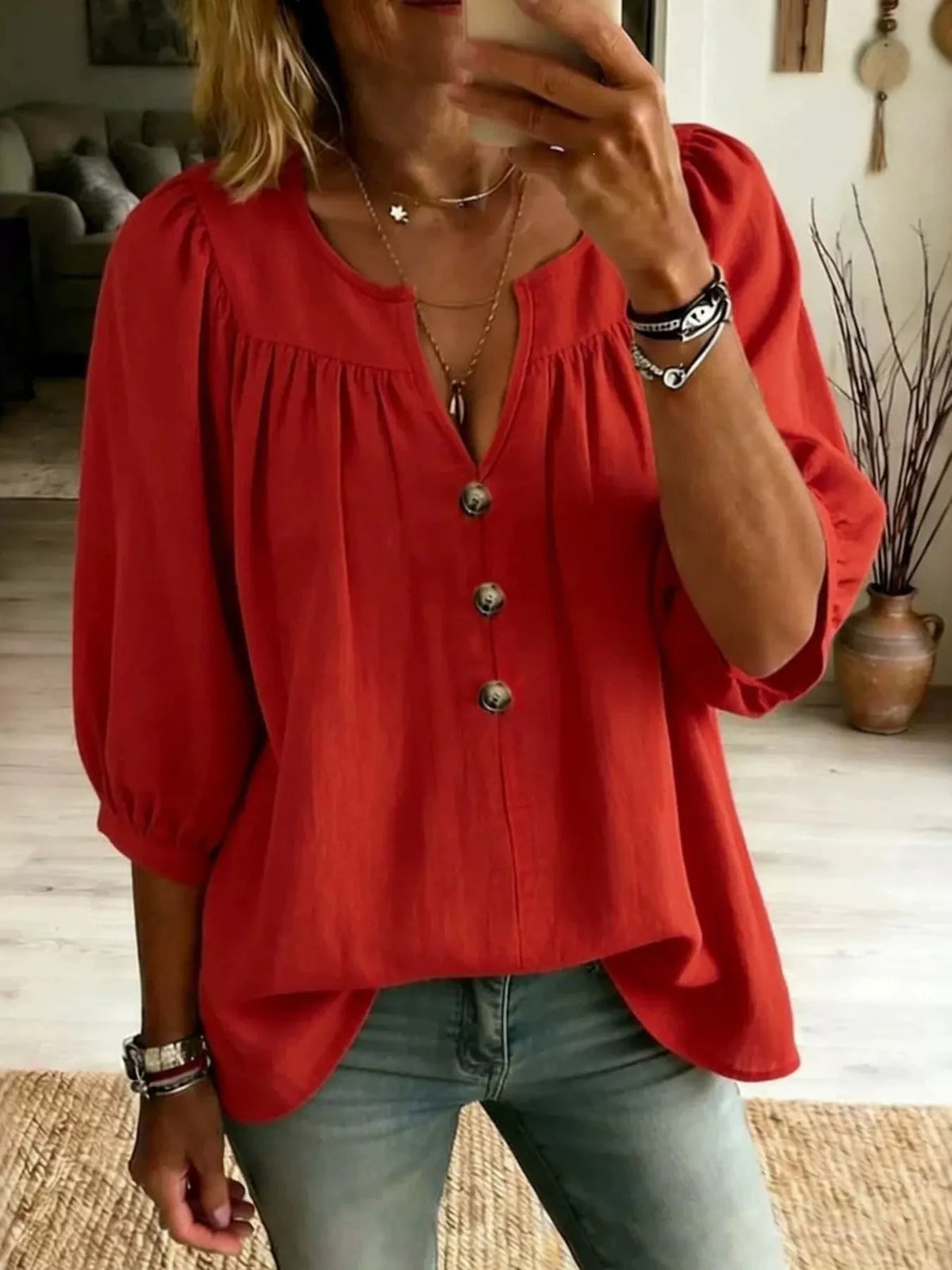 Full Size Notched 3/4 Sleeve Blouse Plus Size