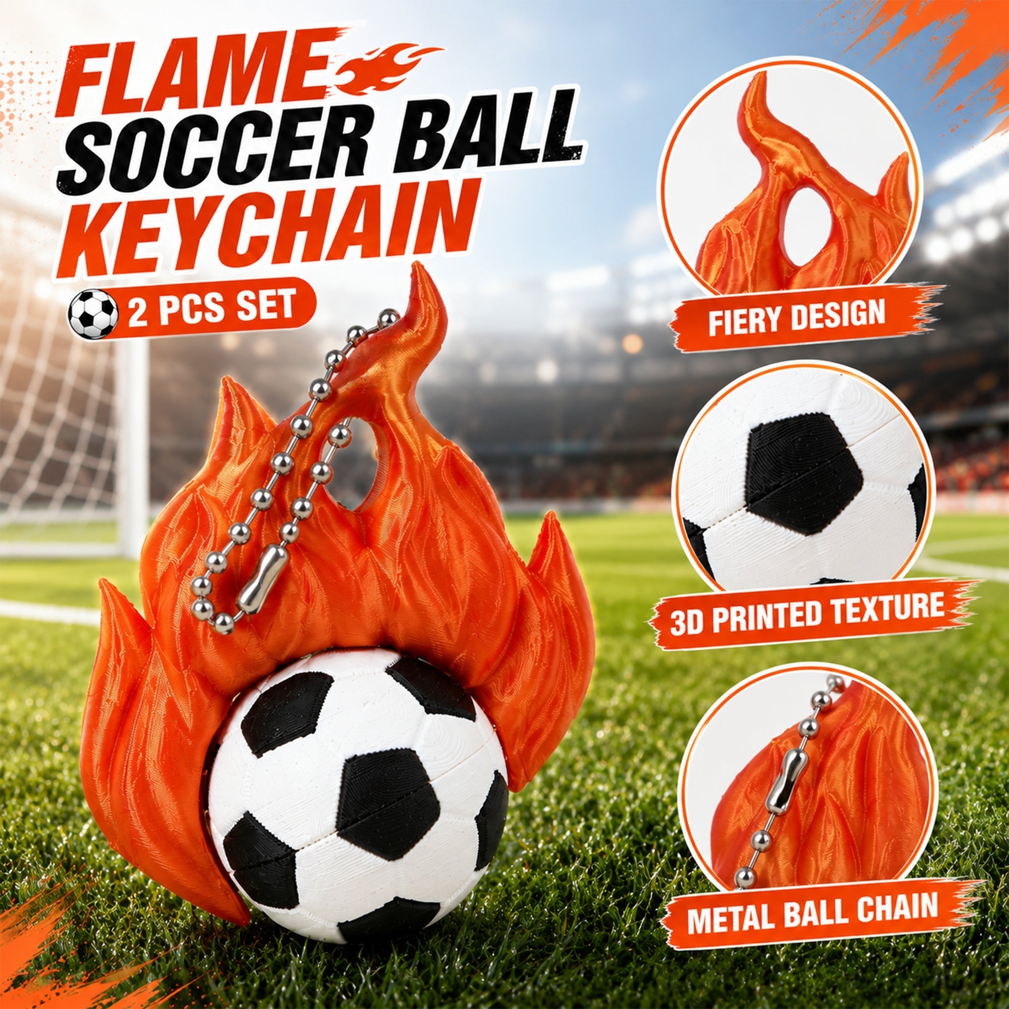 3D Printed Flame Soccer Ball Keychain Sports Backpack Bag Pendant