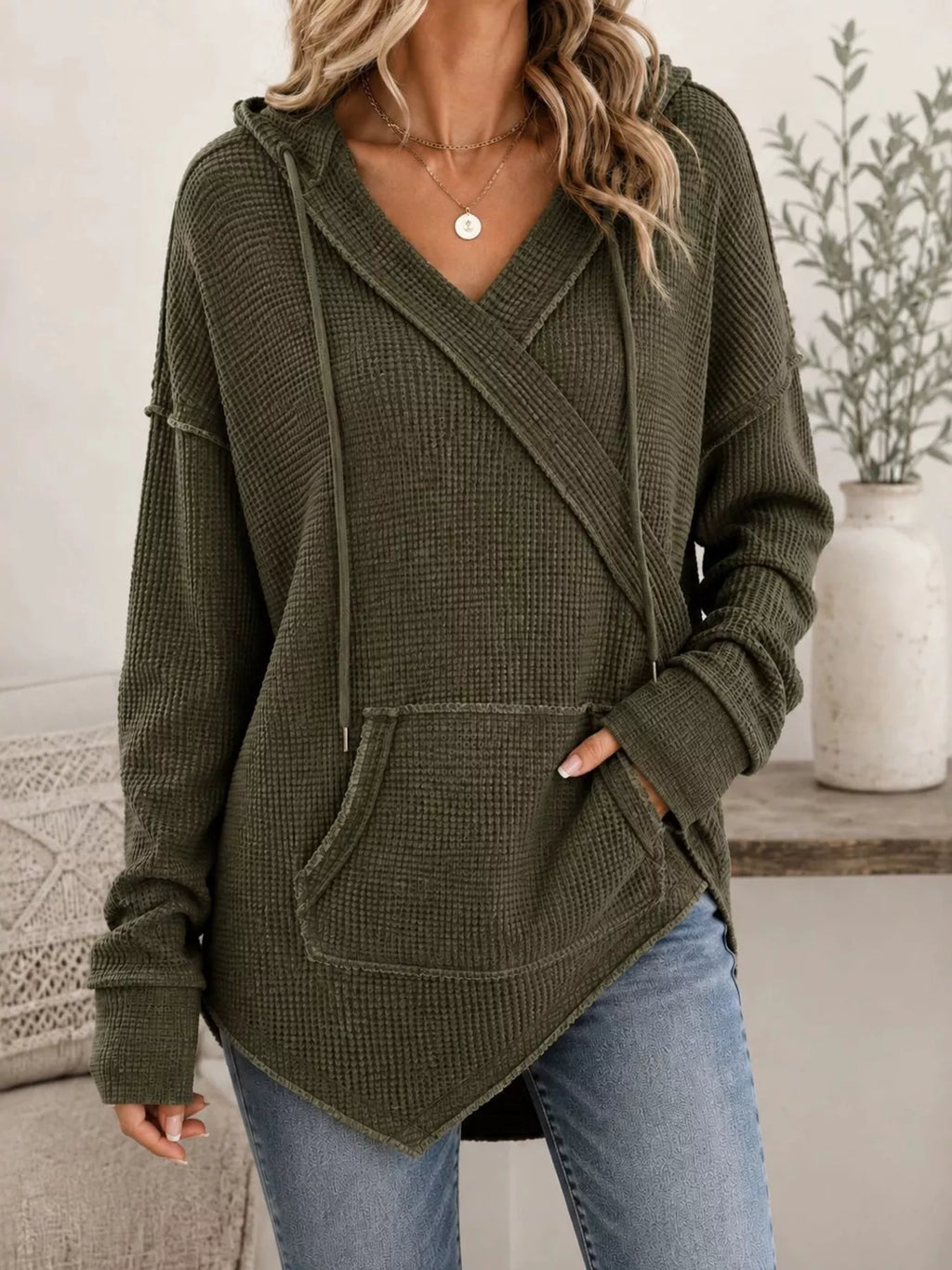 Drawstring Waffle Knit Hoodie