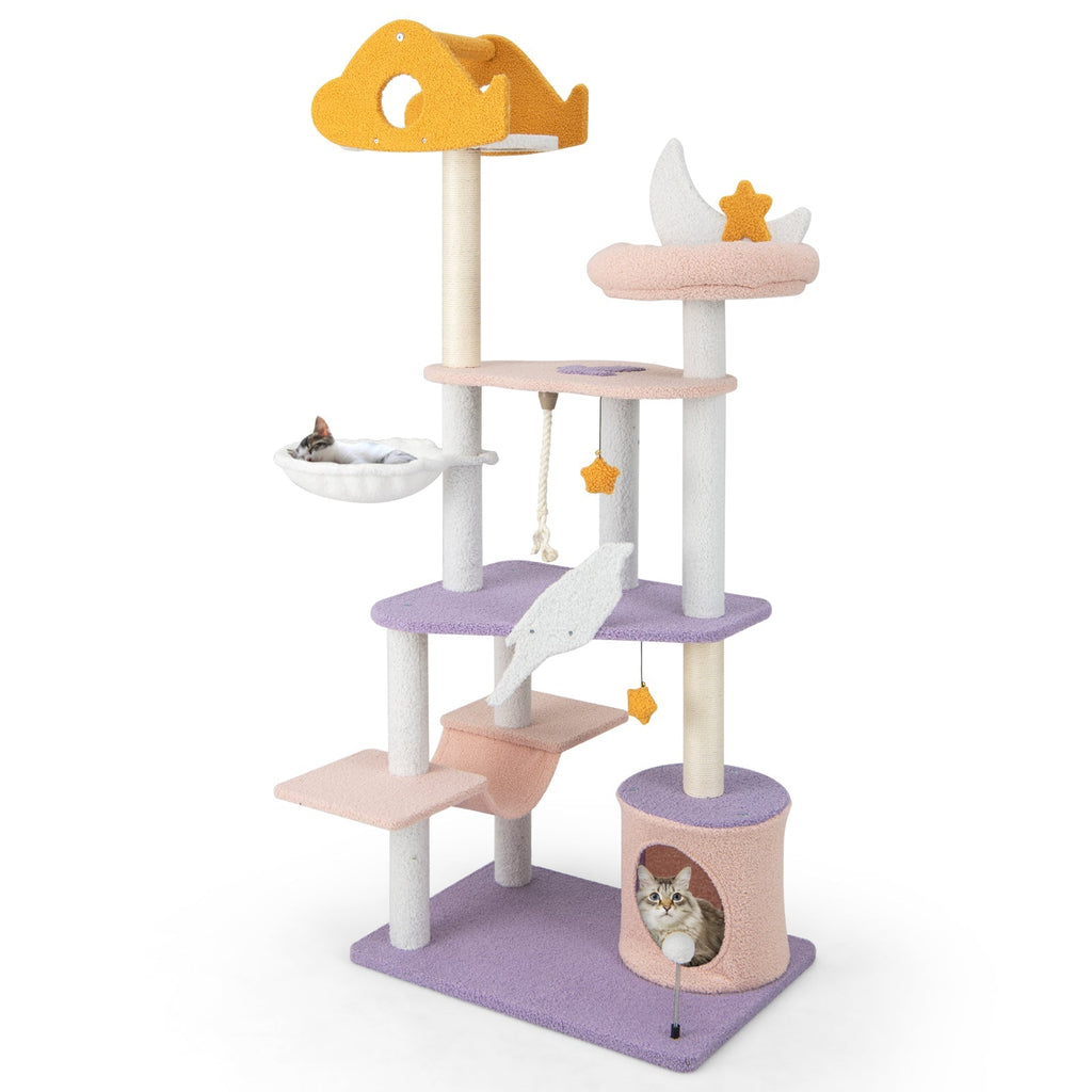 66 Inch Cute Cat Tree Cats Multi-level Tall Cat Tower with Sisal Covered Scratching Posts-Purple