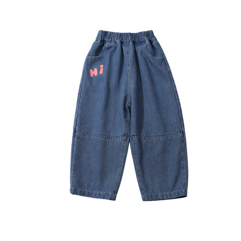 Girls Polyester Fiber Cartoon Pocket Jeans