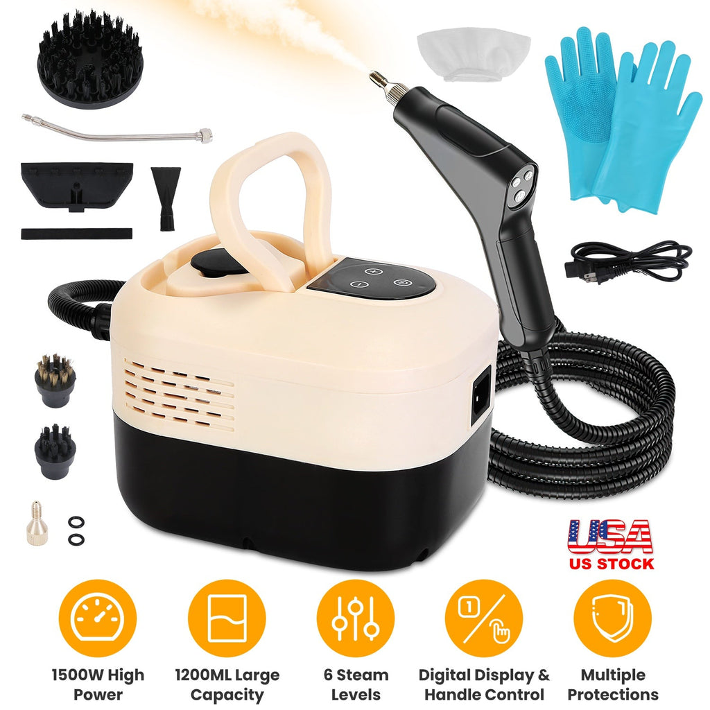 1500W Handheld High Temperature and Pressure Steamer Cleaner with 1200ML Tank 8 Accessories 6 Steam Levels Digital Display Handle Control for Dirt Gre