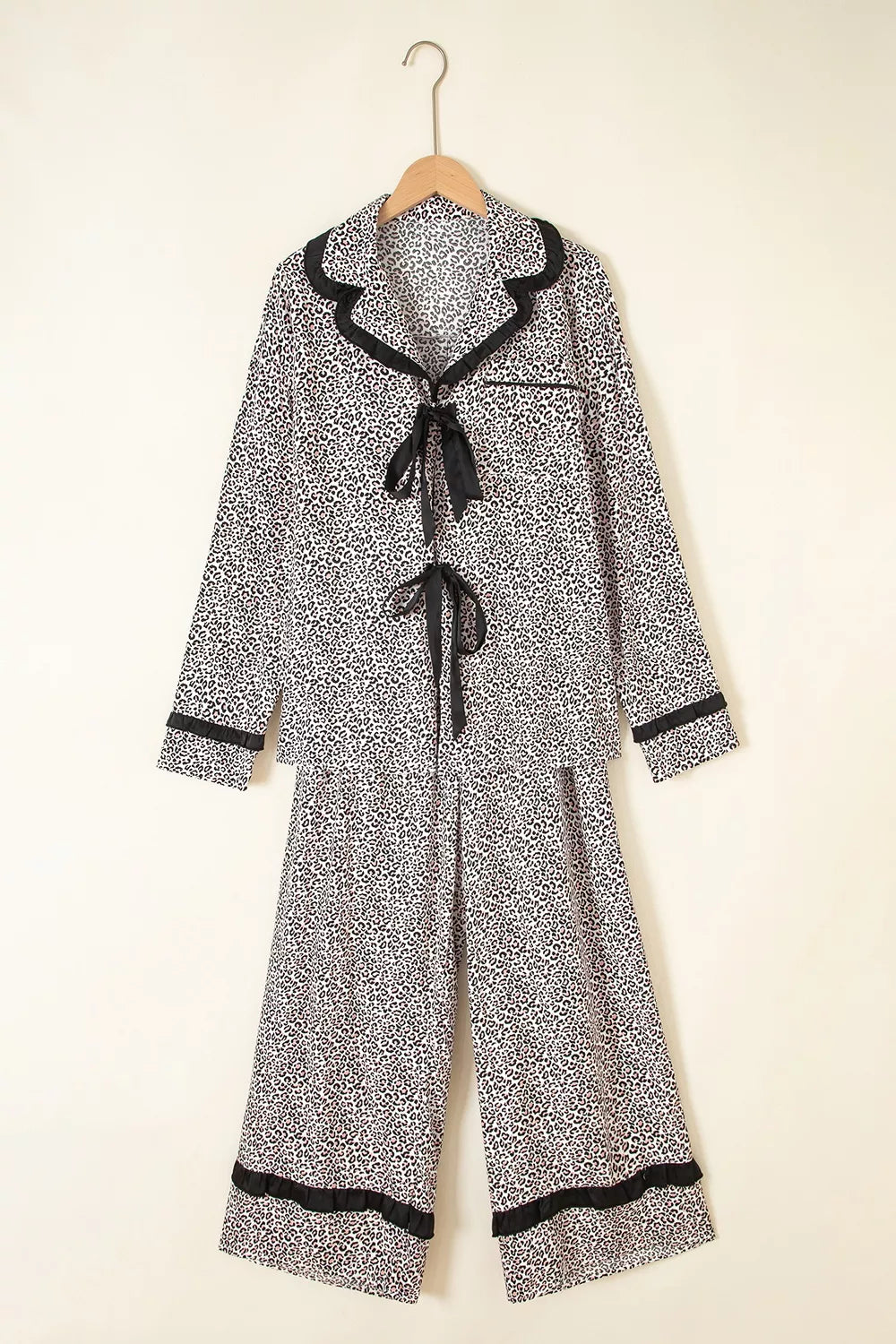 Leopard Print Bow Knot Patchwork Long Sleeve Lounge Set