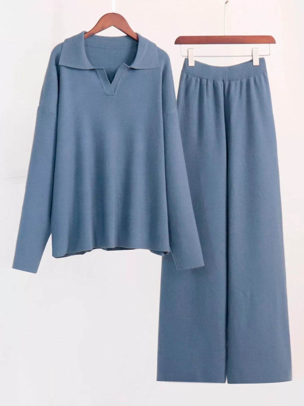 Polo Collar Top and Wide-Leg Pants Set