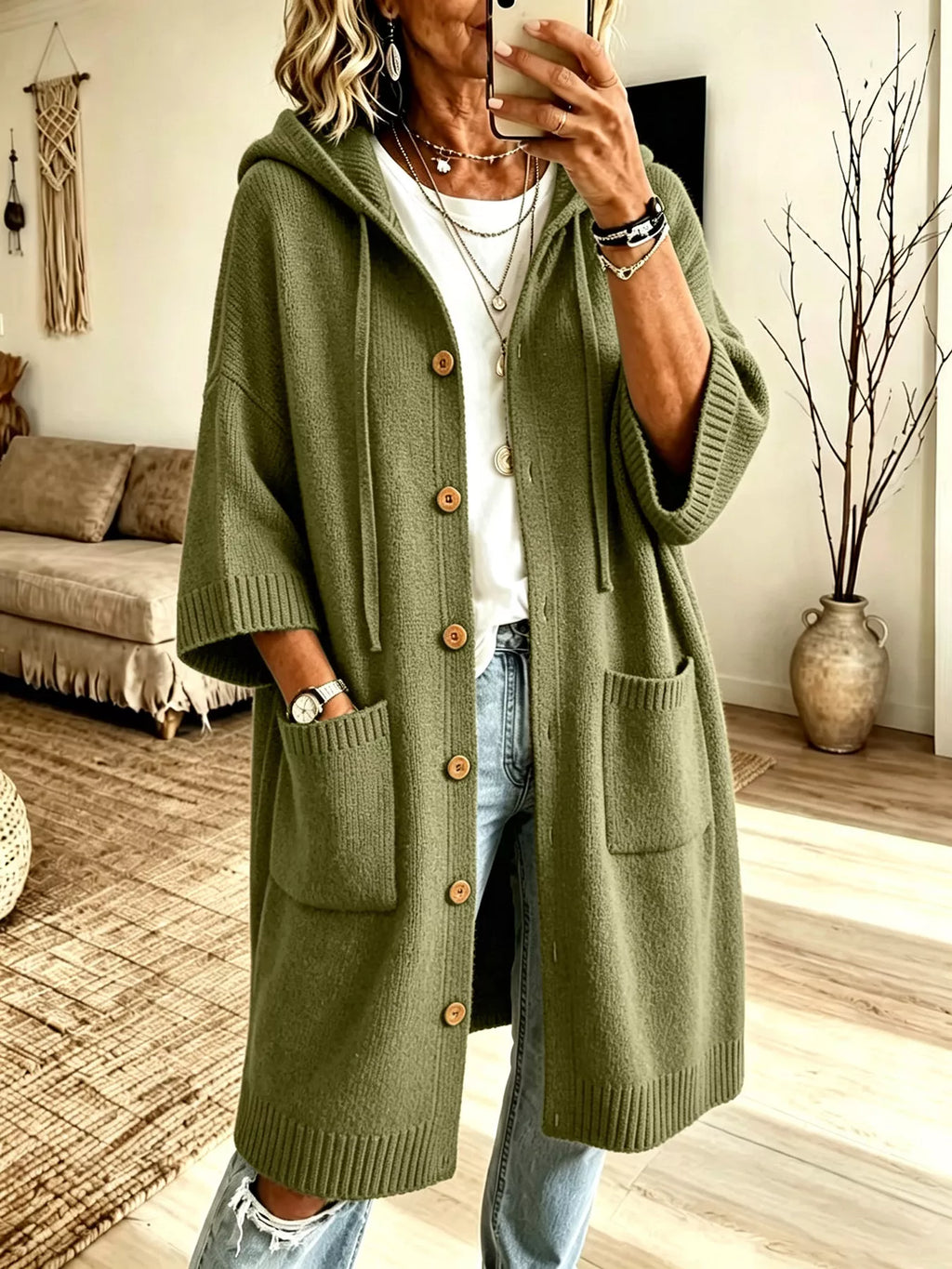 Hooded Button-Down Knit Cardigan with Pockets