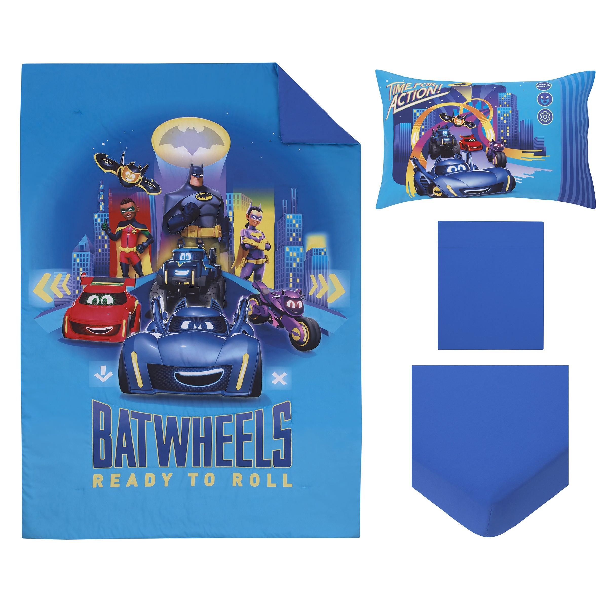 Warner Bros  Batwheels Ready to Roll Blue, Red, and Yellow 4 Piece Toddler Bed Set - Comforter, Fitted Bottom Sheet, Flat Top Sheet and Reversible Pillowcase