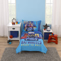 Warner Bros  Batwheels Ready to Roll Blue, Red, and Yellow 4 Piece Toddler Bed Set - Comforter, Fitted Bottom Sheet, Flat Top Sheet and Reversible Pillowcase