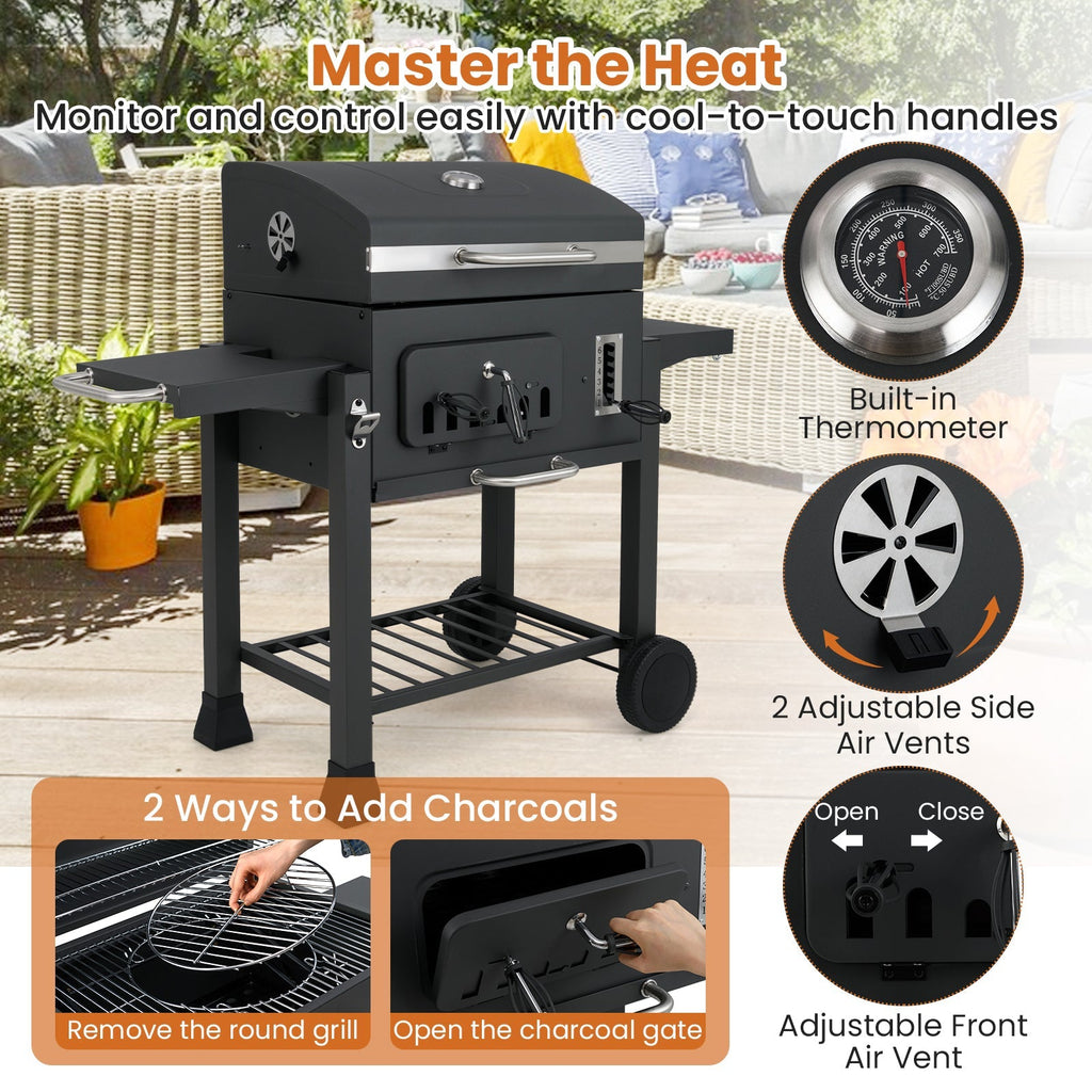 24-Inch Barrel Charcoal Grill with 2 Folding Side Tables and 544 sq.in Cooking Area