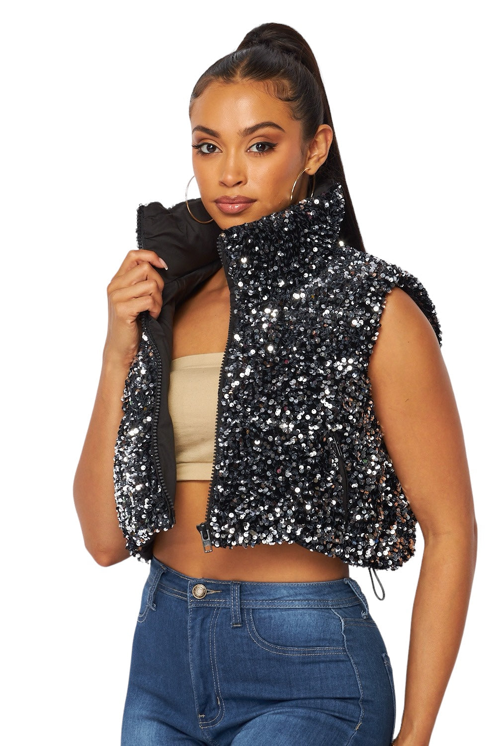 Sequin Velvet Puffer Vest