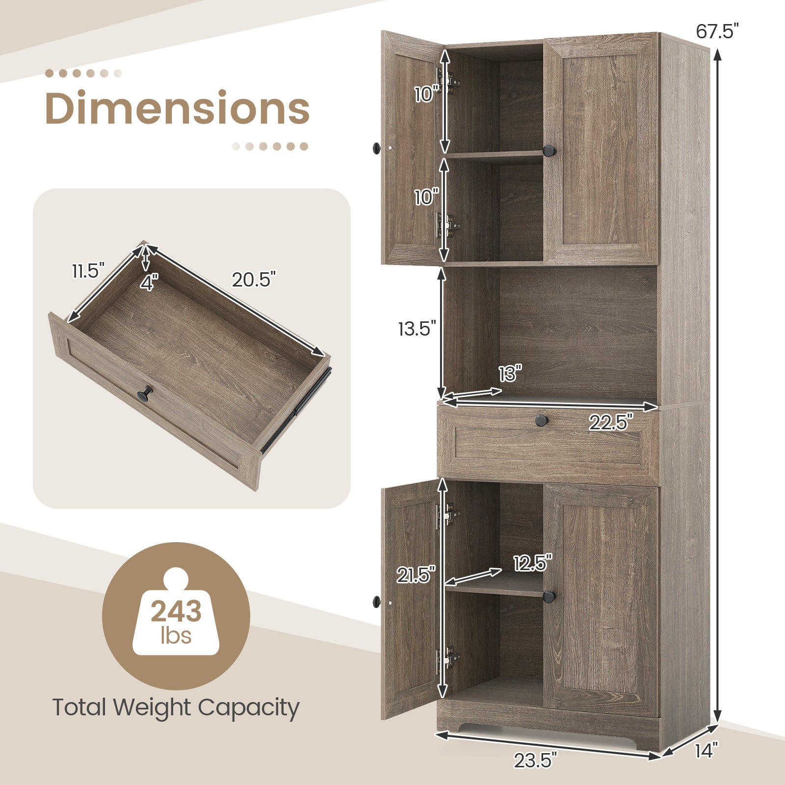 67.5 Inch Tall Modern Freestanding Floor Storage Cabinet with 4 Doors and 1 Drawer