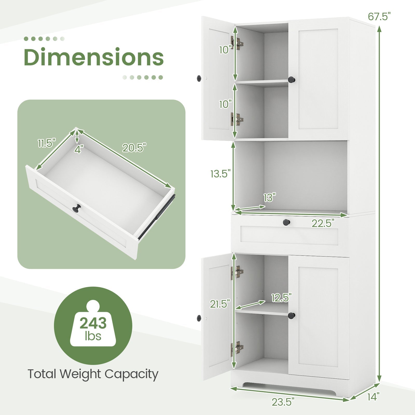 67.5 Inch Tall Modern Freestanding Floor Storage Cabinet with 4 Doors and 1 Drawer