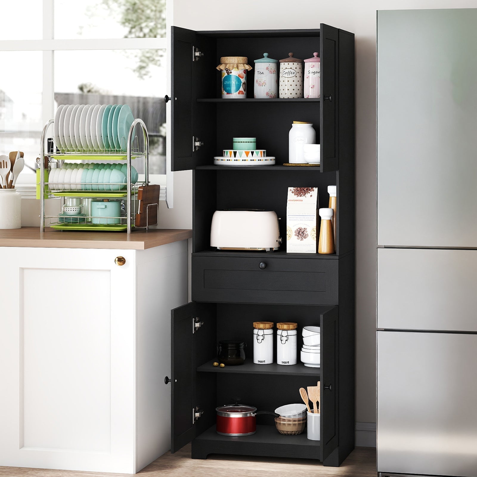 67.5 Inch Tall Modern Freestanding Floor Storage Cabinet with 4 Doors and 1 Drawer