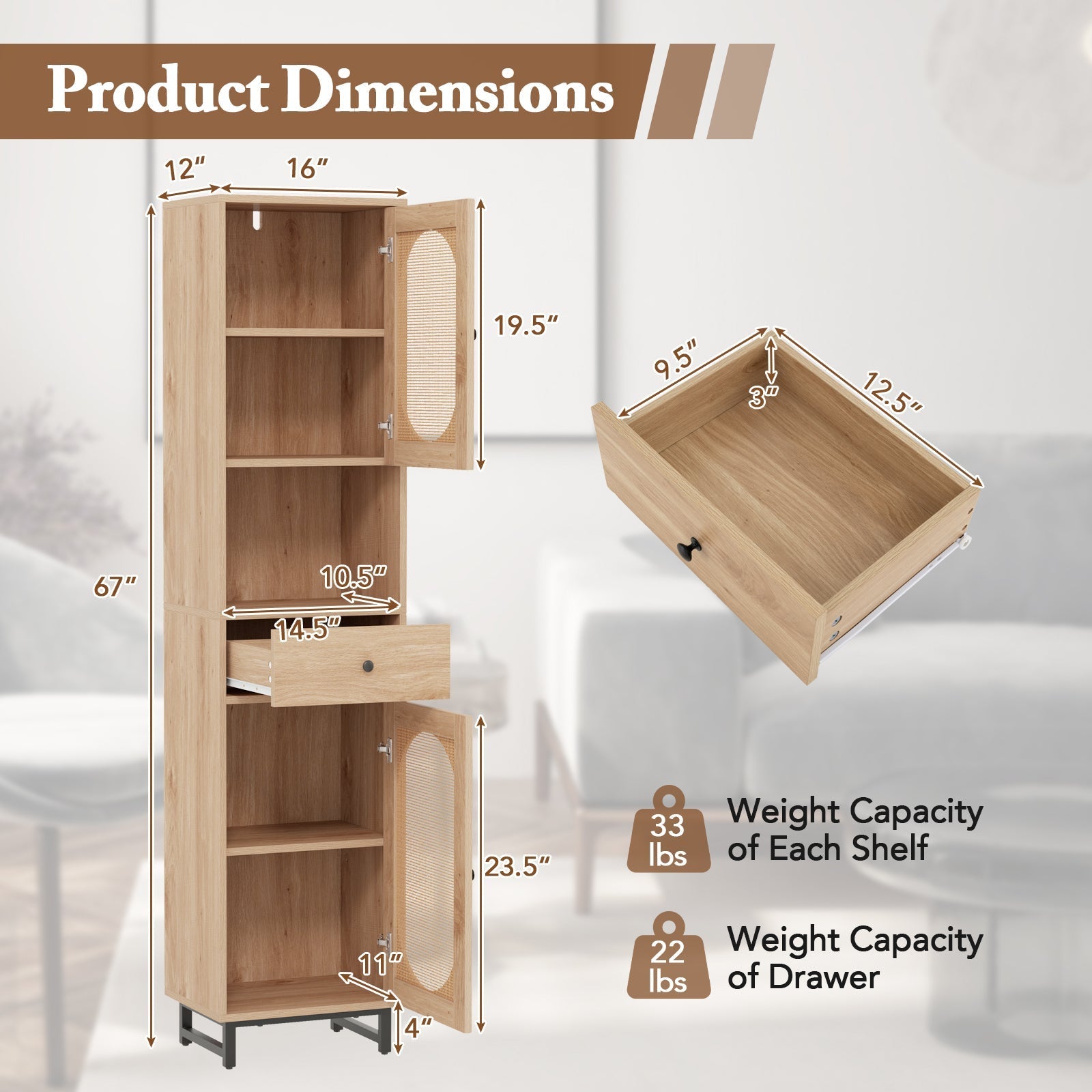 67 Inch Tall Bathroom Cabinet PE Rattan Floor Cabinet with 2 Doors-Natural