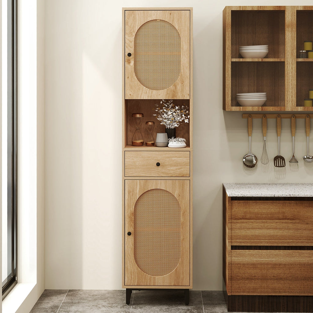 67 Inch Tall Bathroom Cabinet PE Rattan Floor Cabinet with 2 Doors-Natural