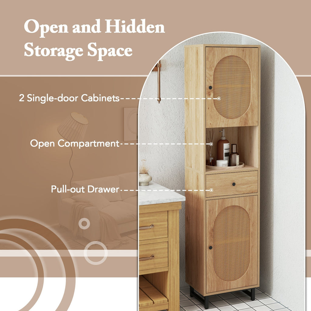 67 Inch Tall Bathroom Cabinet PE Rattan Floor Cabinet with 2 Doors-Natural