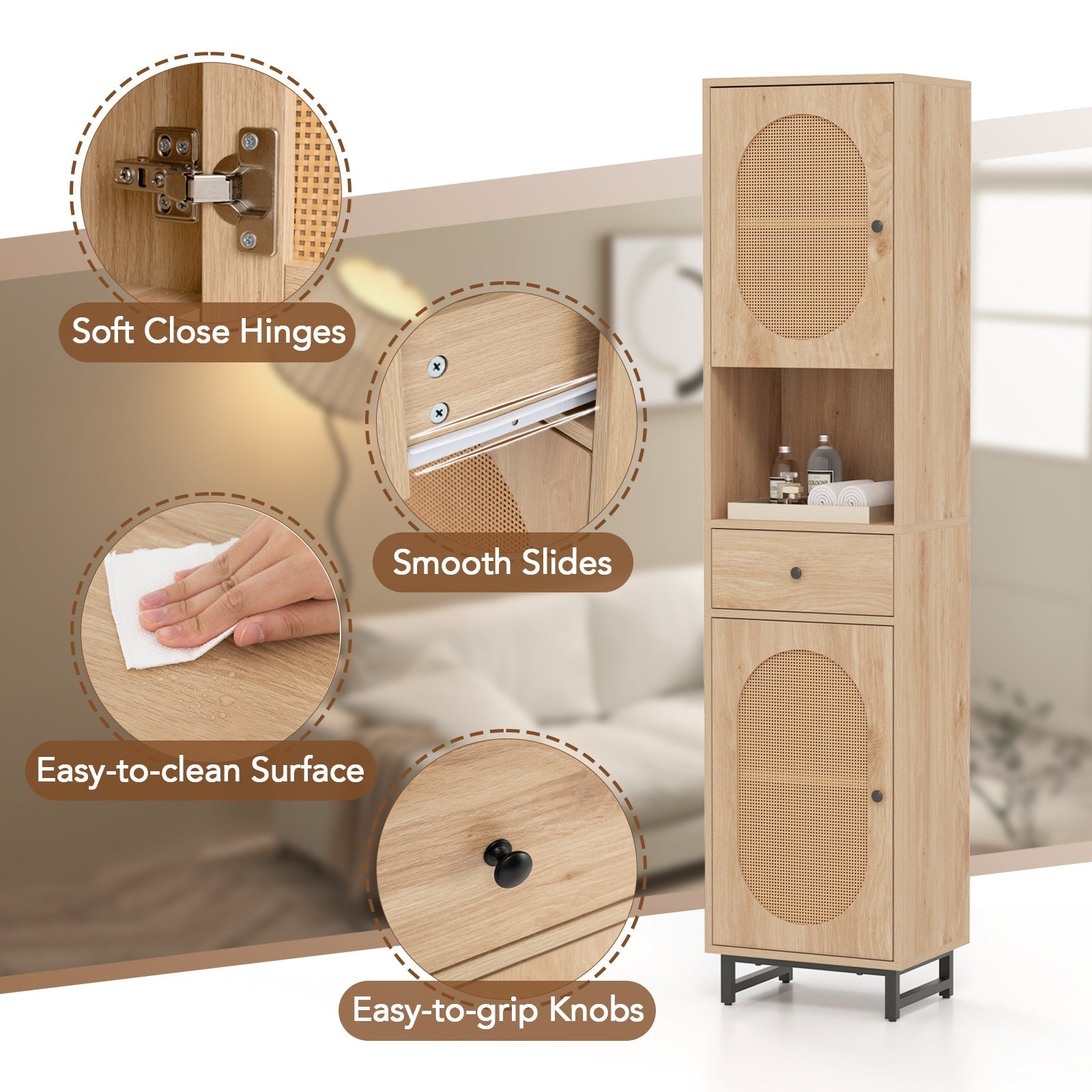 67 Inch Tall Bathroom Cabinet PE Rattan Floor Cabinet with 2 Doors-Natural