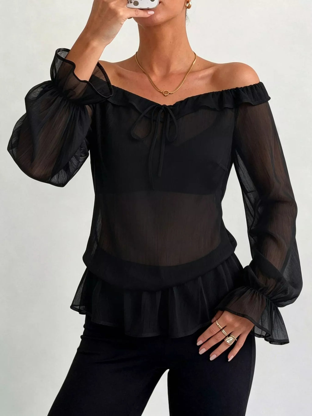 Off-Shoulder Flounce Sleeve Chiffon Blouse
