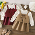 PU Leather Princess-style Long-sleeve Bow Tie Faux Two-piece Set