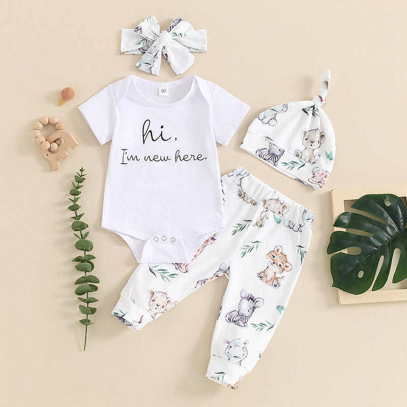 Letter-print Short-sleeve Romper Long Pants Hat And Headband Four-piece Set