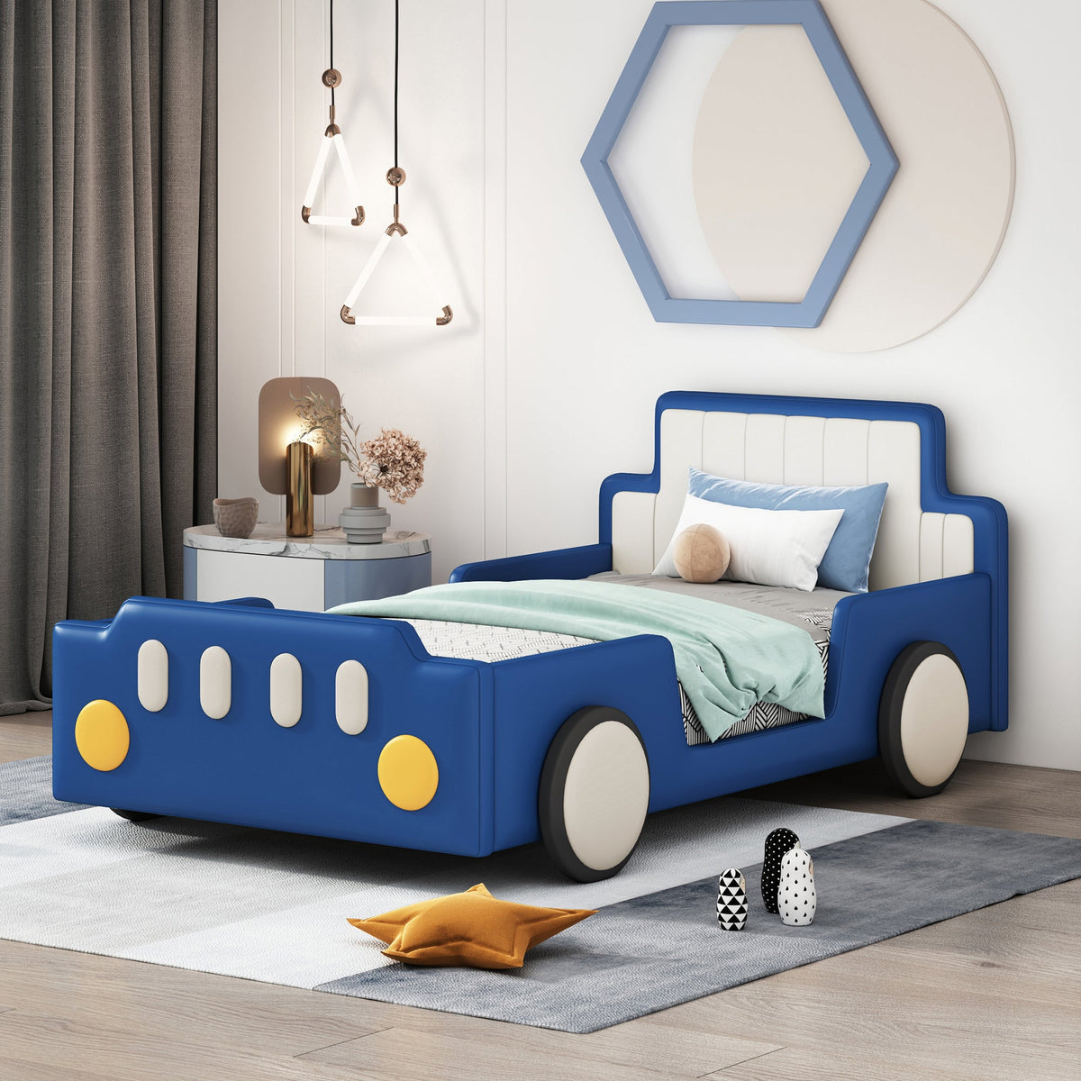 Twin Size Race Car-Shaped Platform Bed with Safety Rails - Red/Blue