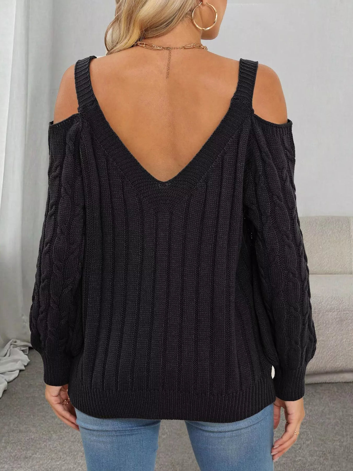 Floral Applique Cold Shoulder Cable Knit Sweater