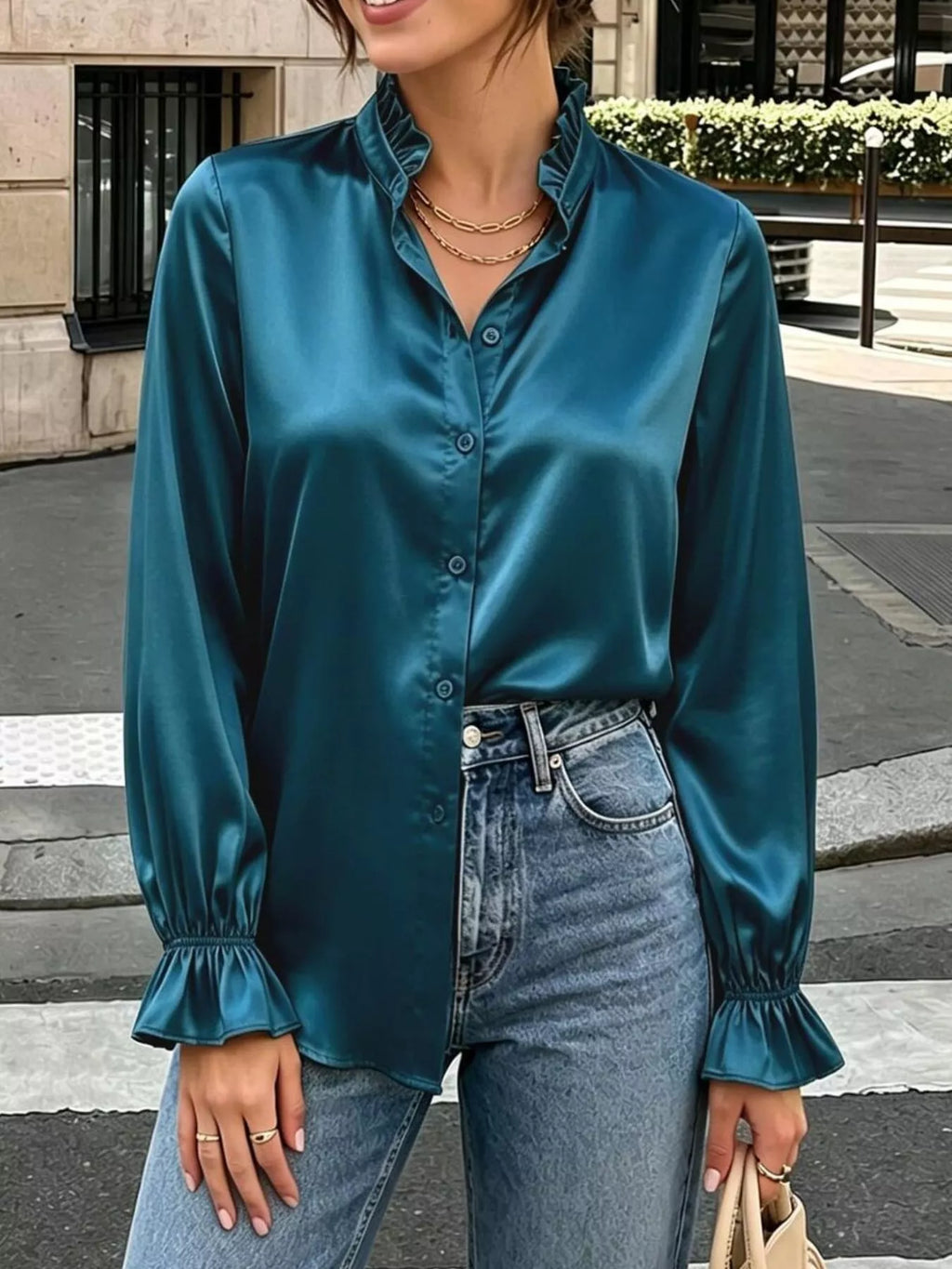 Elegant Button Down Ruffle Trim Satin Shirt