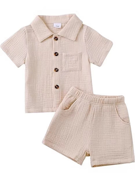 Baby Boy Cotton-Linen Solid Color Textured Fabric Lapel Collar Short-Sleeve Top Elastic Waist Shorts Set