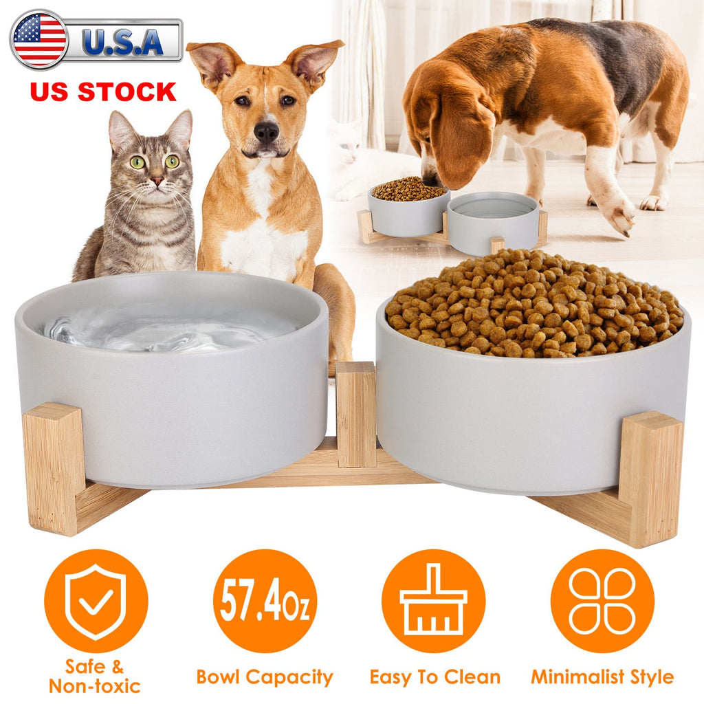 Ceramic Pet Bowls on Wooden Raised Stand
