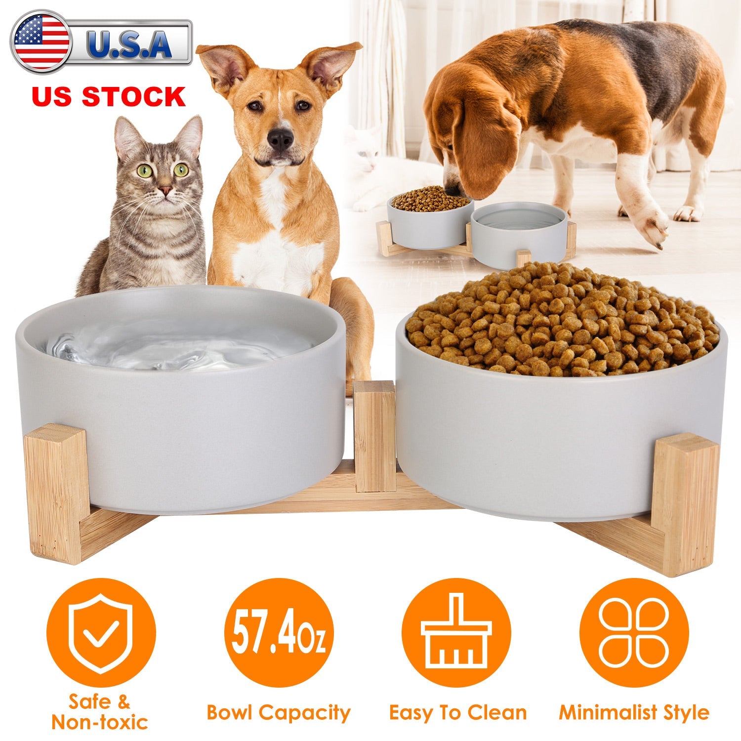 Ceramic Pet Bowls on Wooden Raised Stand