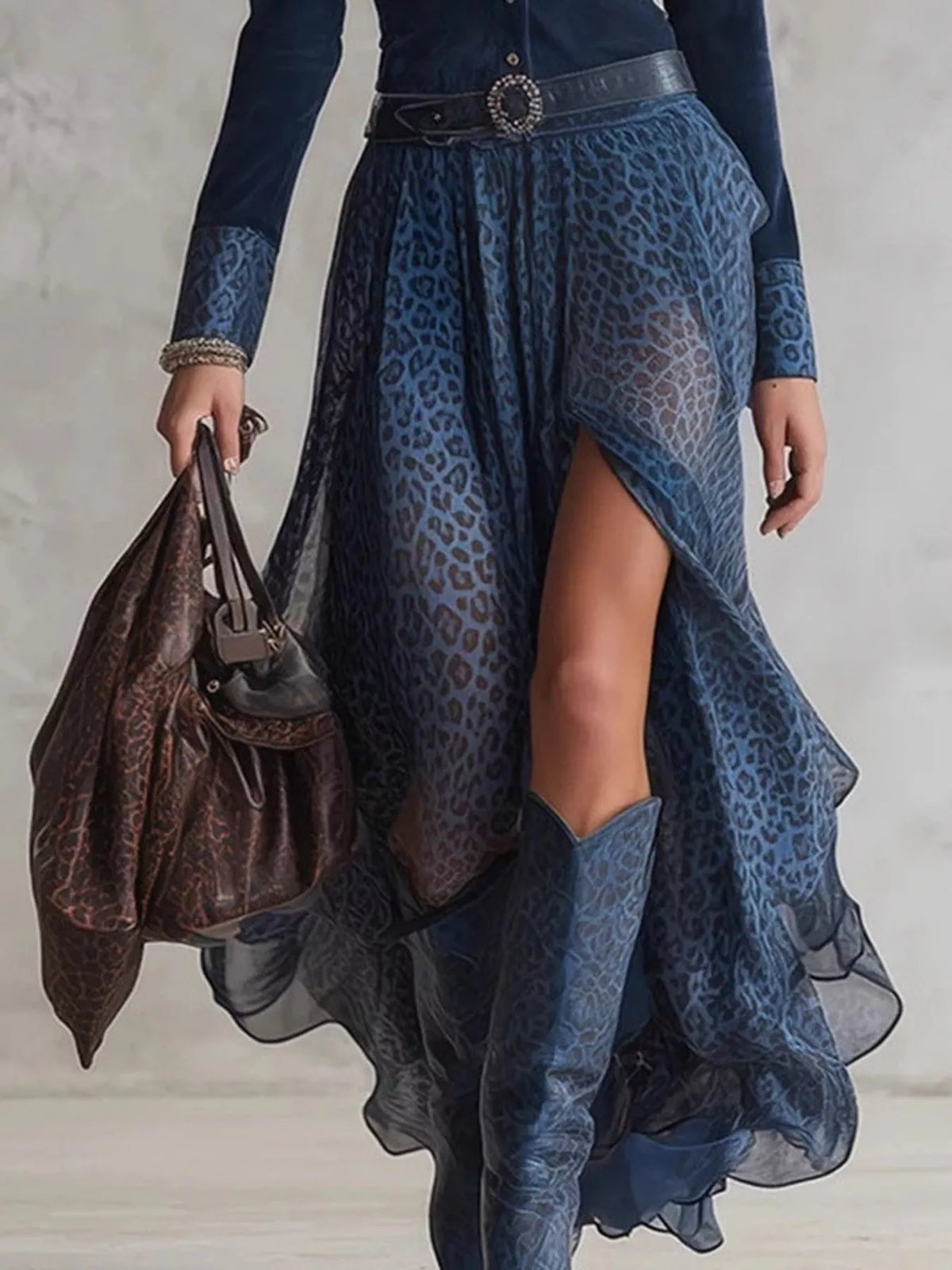 Leopard Button Front Long Sleeve Maxi Dress