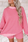 Stripe Ribbed Patchwork Mock Neck Baggy Pullover Matching Shorts Set