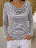 Glittery Cowl Neck Long Sleeve Slim Fit Top