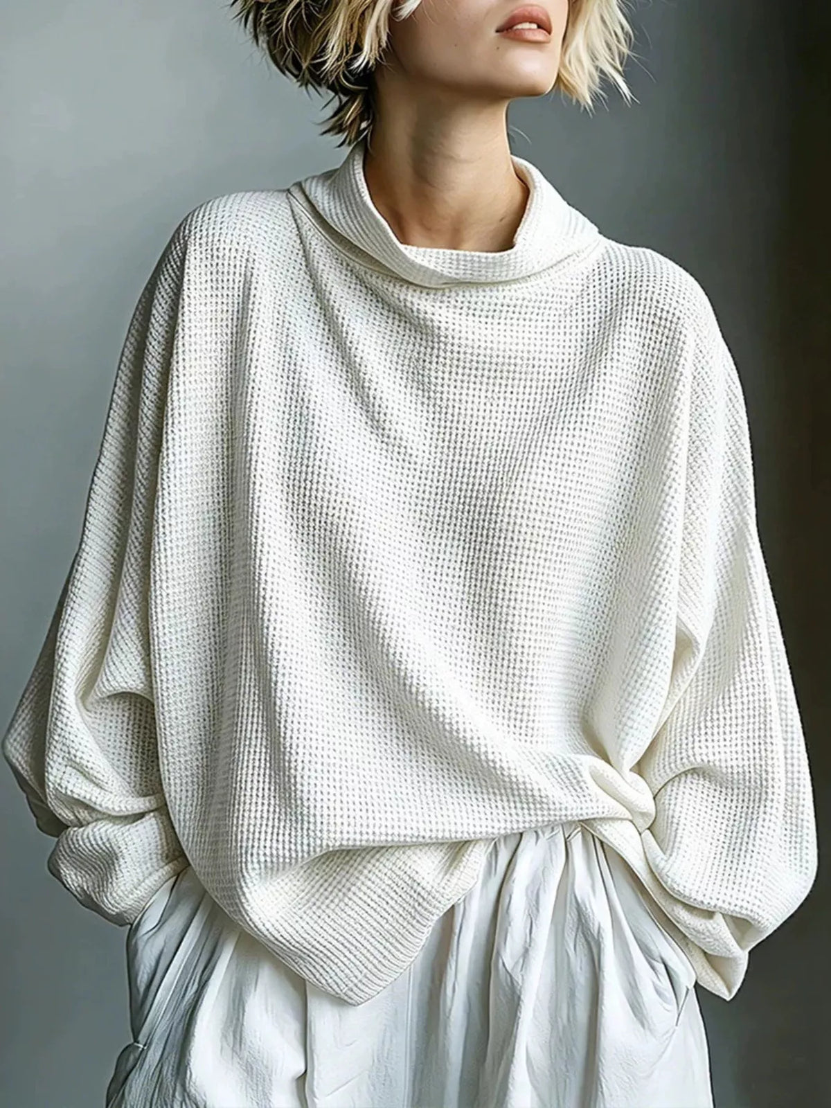 Full Size Oversized Waffle Knit Mock Neck T-Shirt Plus Size