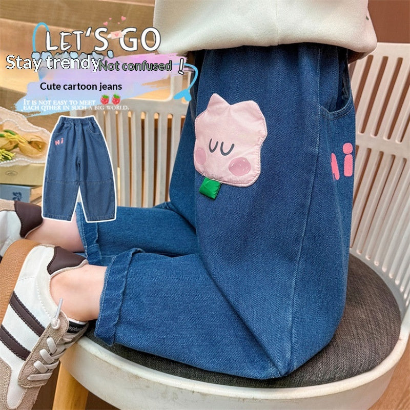 Girls Polyester Fiber Cartoon Pocket Jeans