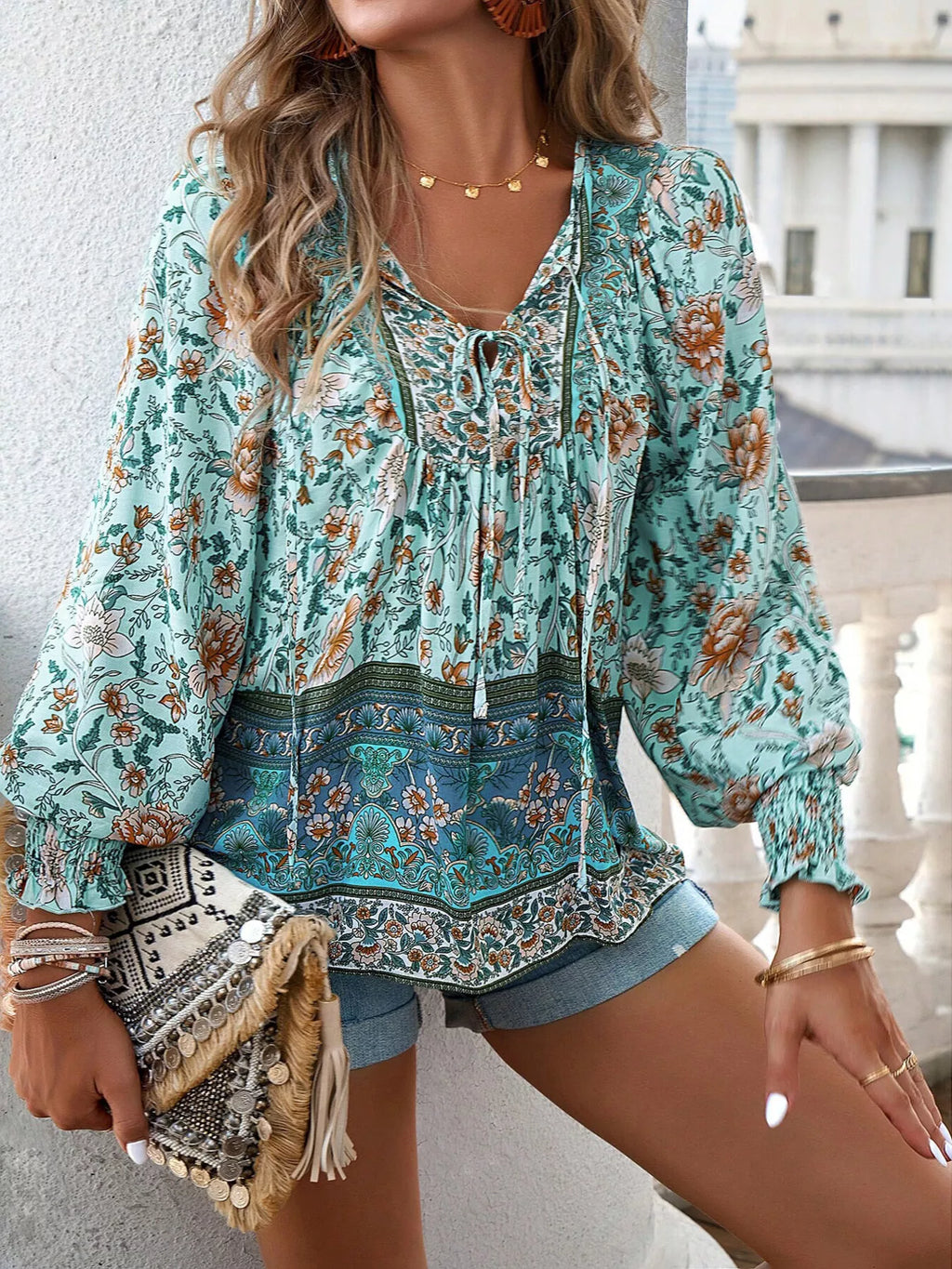 Floral Print Tie-Neck Blouse with Smocked Cuffs