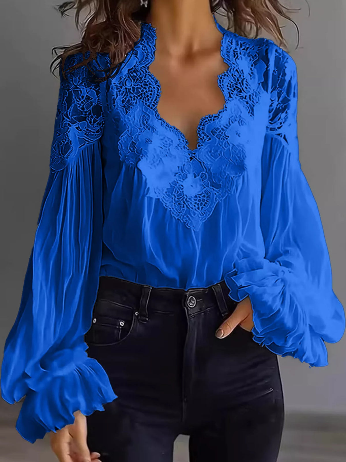 Full Size Lace V-Neck Flounce Sleeve Blouse Plus Size