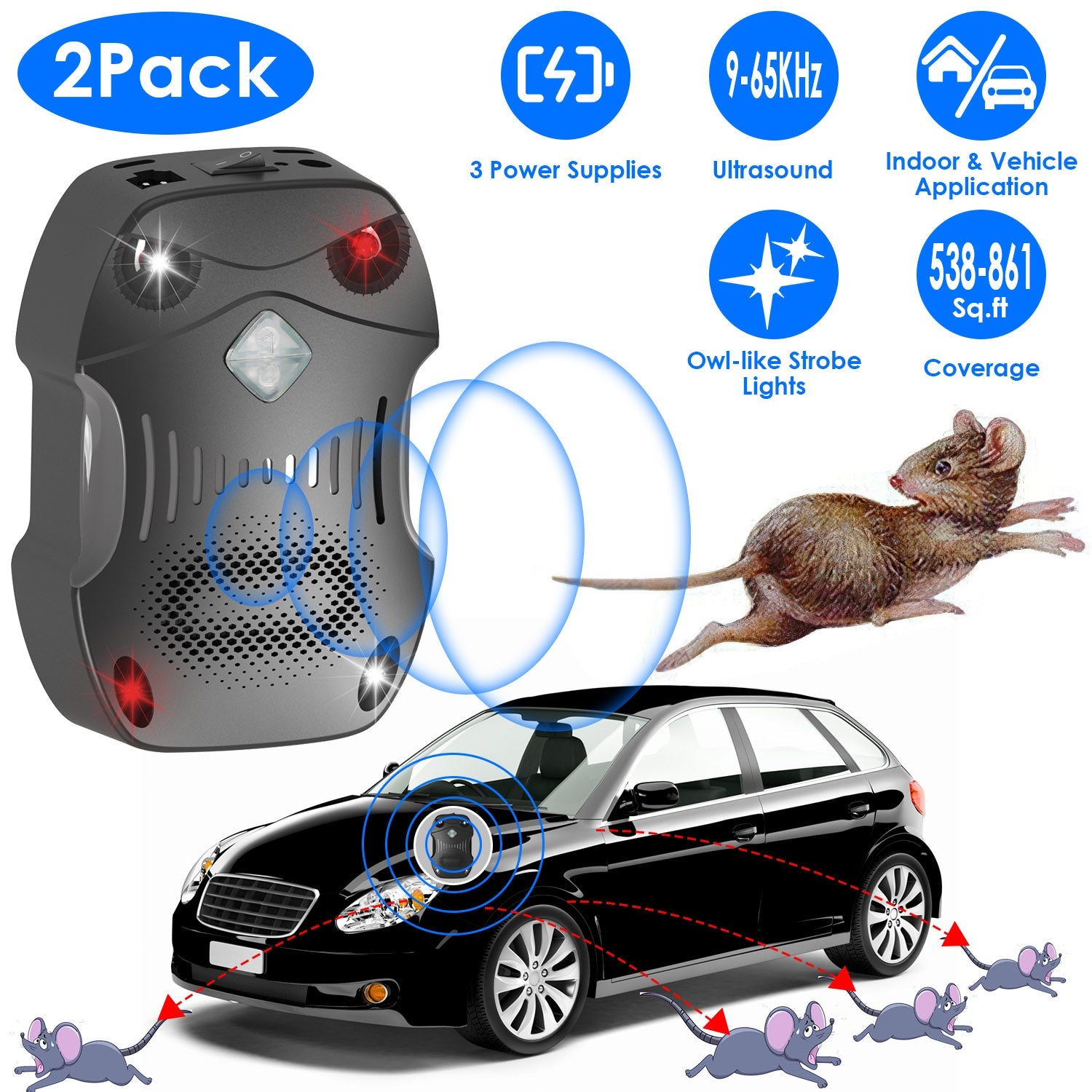 Under Hood Ultrasonic Rodent Repeller for Vehicle 2 Pack