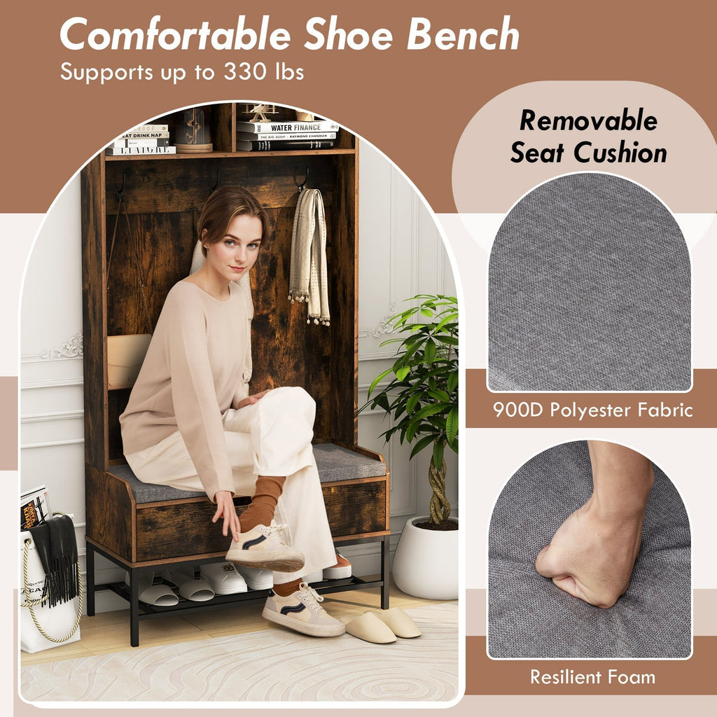 69 Inches Tall Hall Tree 4-in-1 Coat Rack with Seat Cushion and Shoe Storage