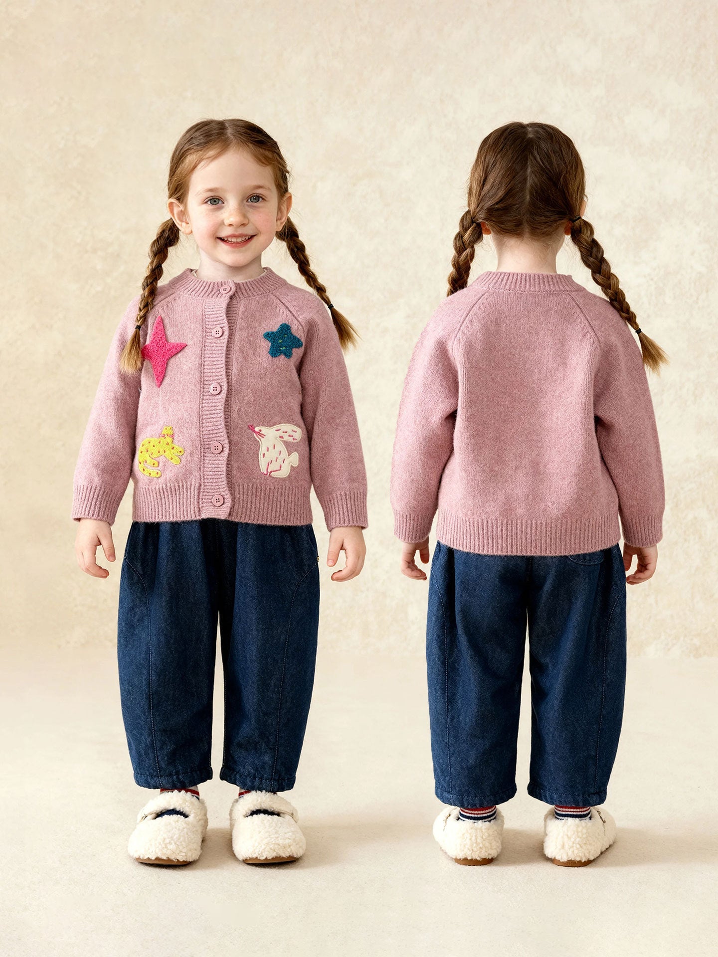 Solid-color Versatile Denim Jeans For Little Girls Cute Warm Trousers For Kids