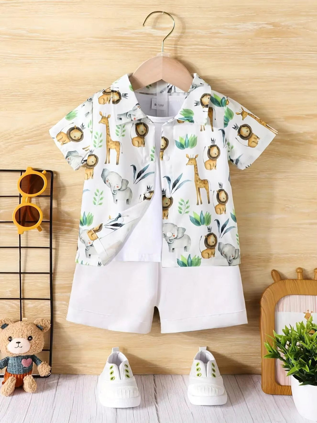 Baby Short Sleeve Shorts Cardigan Two-piece Set Animal Dinosaur Print