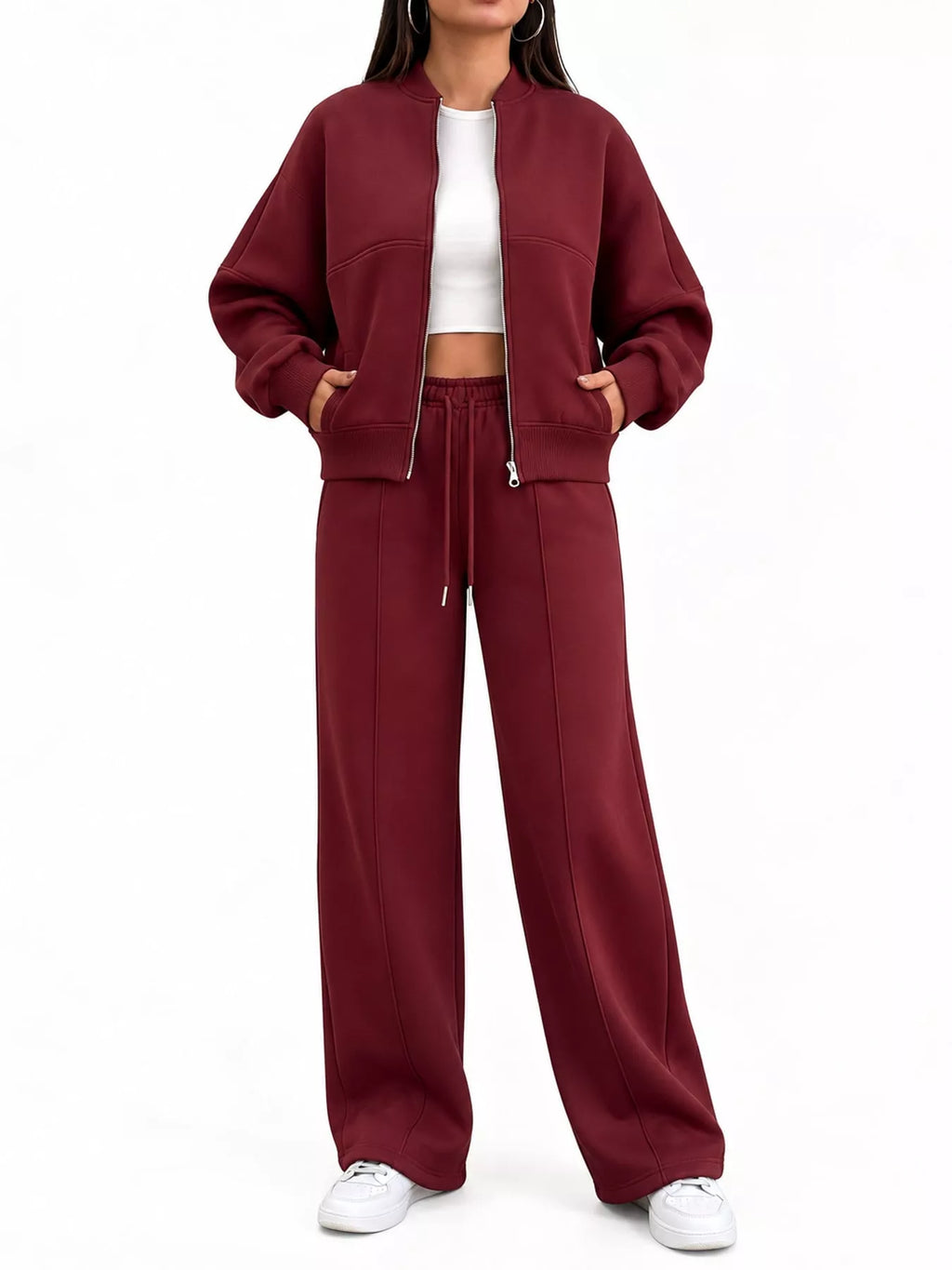 Casual Zip-Up Jacket and Wide-Leg Sweatpants Set