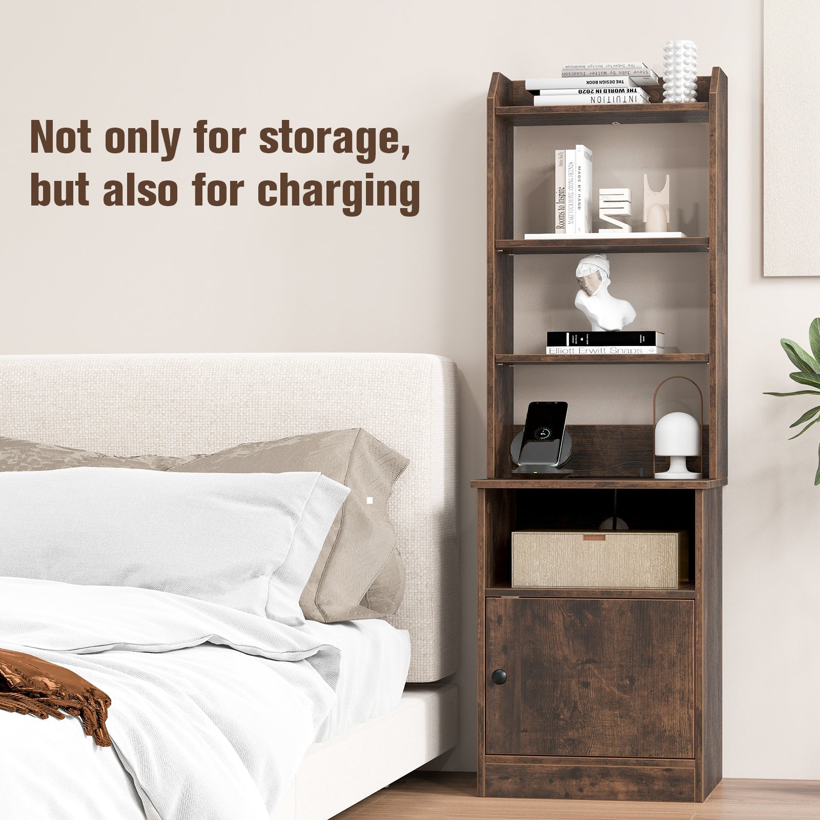 6-Tier Bookshelf Nightstand with Charging Station and Cabinet