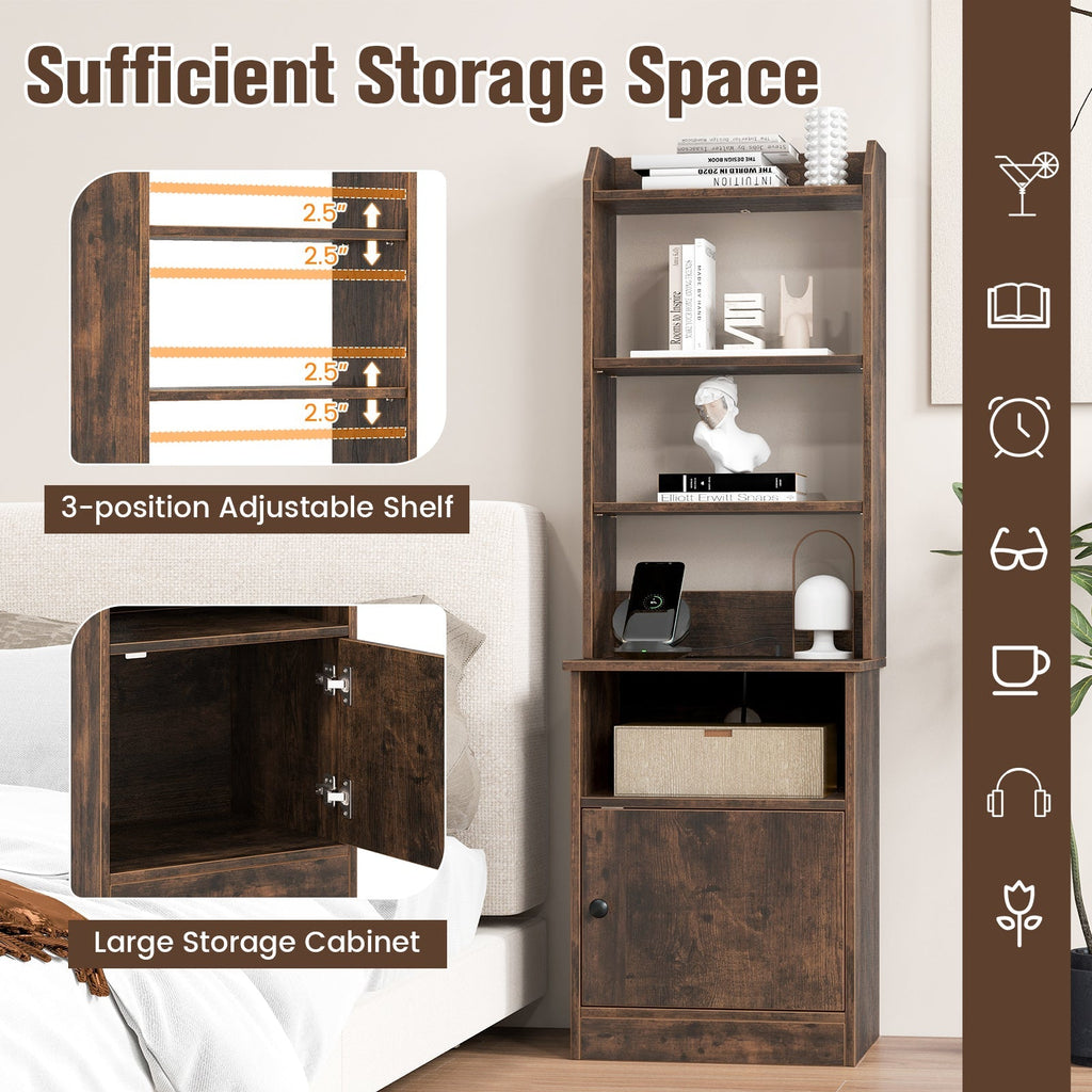 6-Tier Bookshelf Nightstand with Charging Station and Cabinet