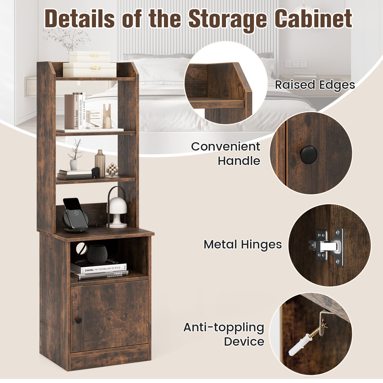 6-Tier Bookshelf Nightstand with Charging Station and Cabinet