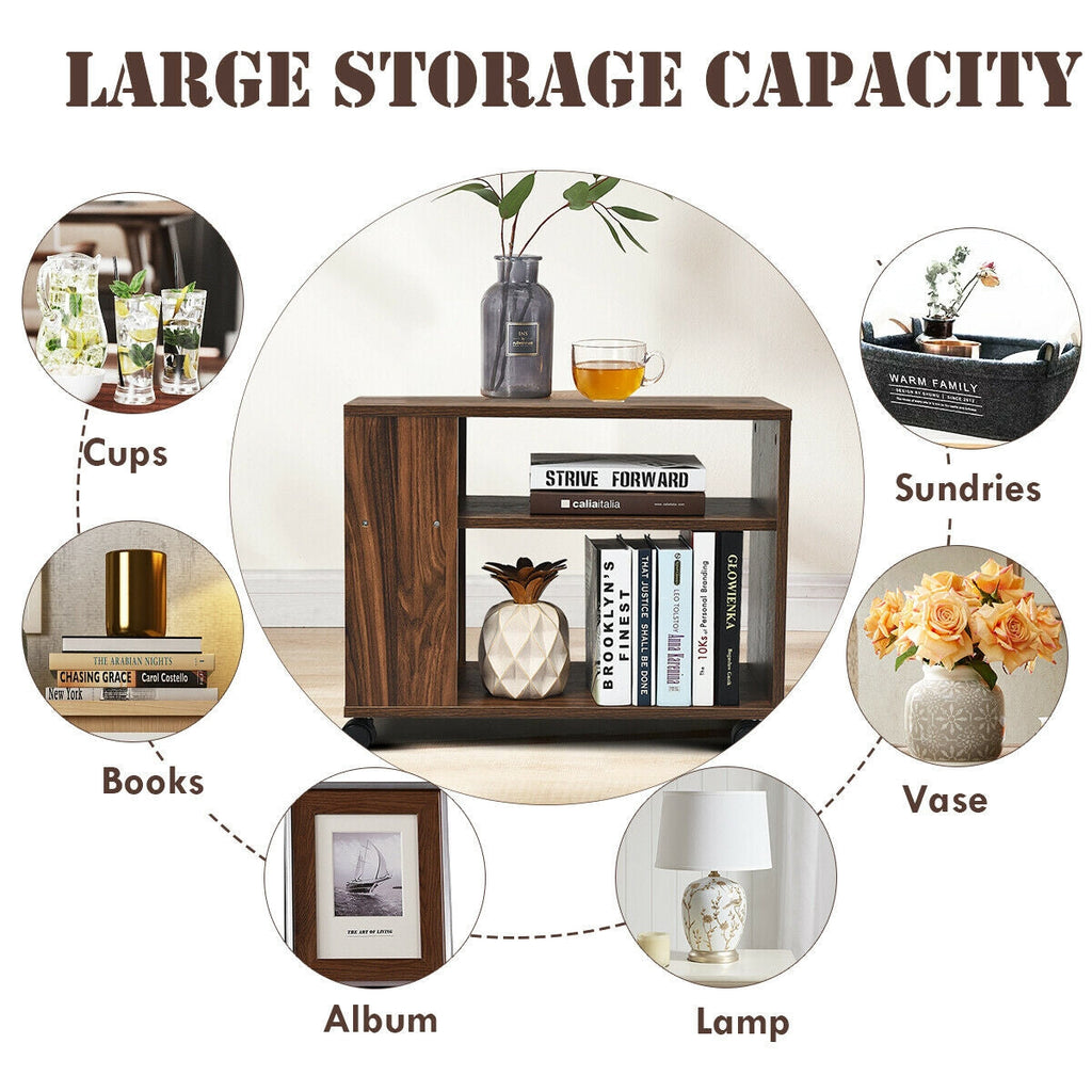 Multifunctional 3-Tier Side Table with Wheels and Large Storage Shelf