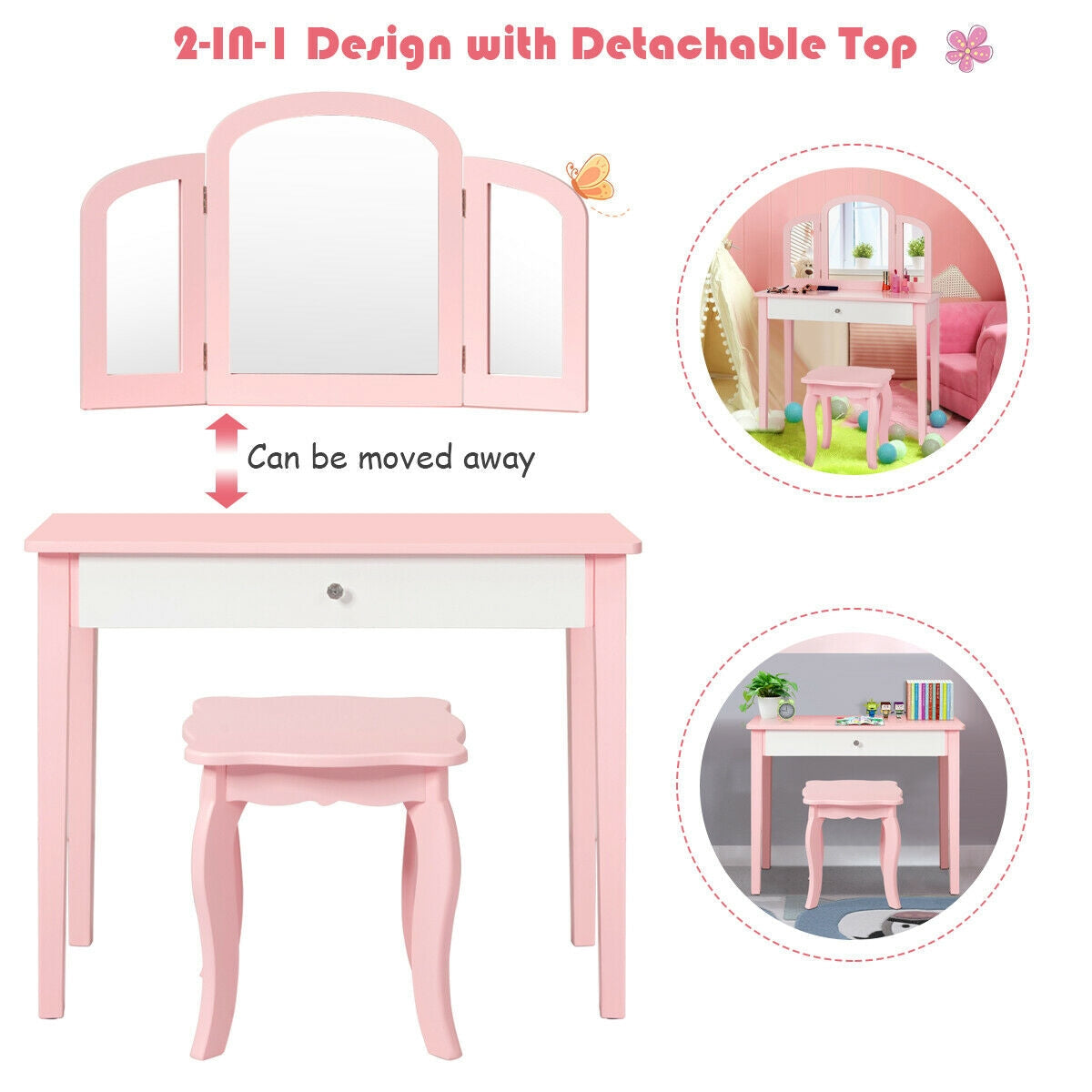 Kids Princess Make Up Dressing Table with Tri-folding Mirror and Chair